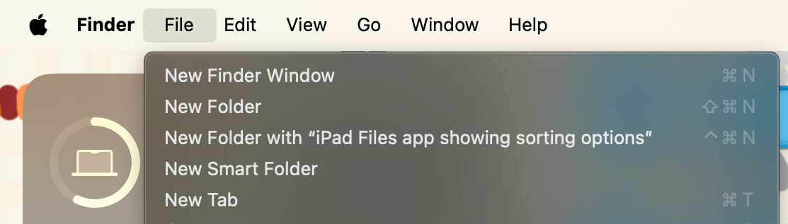 نوار منو macOS Finder با منوی کشویی «File».