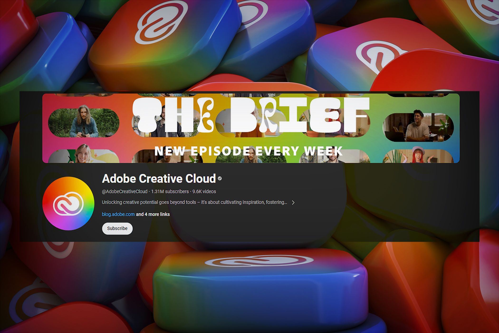 Adobe Creative Cloud's Youtube channel, promoting new weekly episodes, set against a colorful background of Adobe app icons.