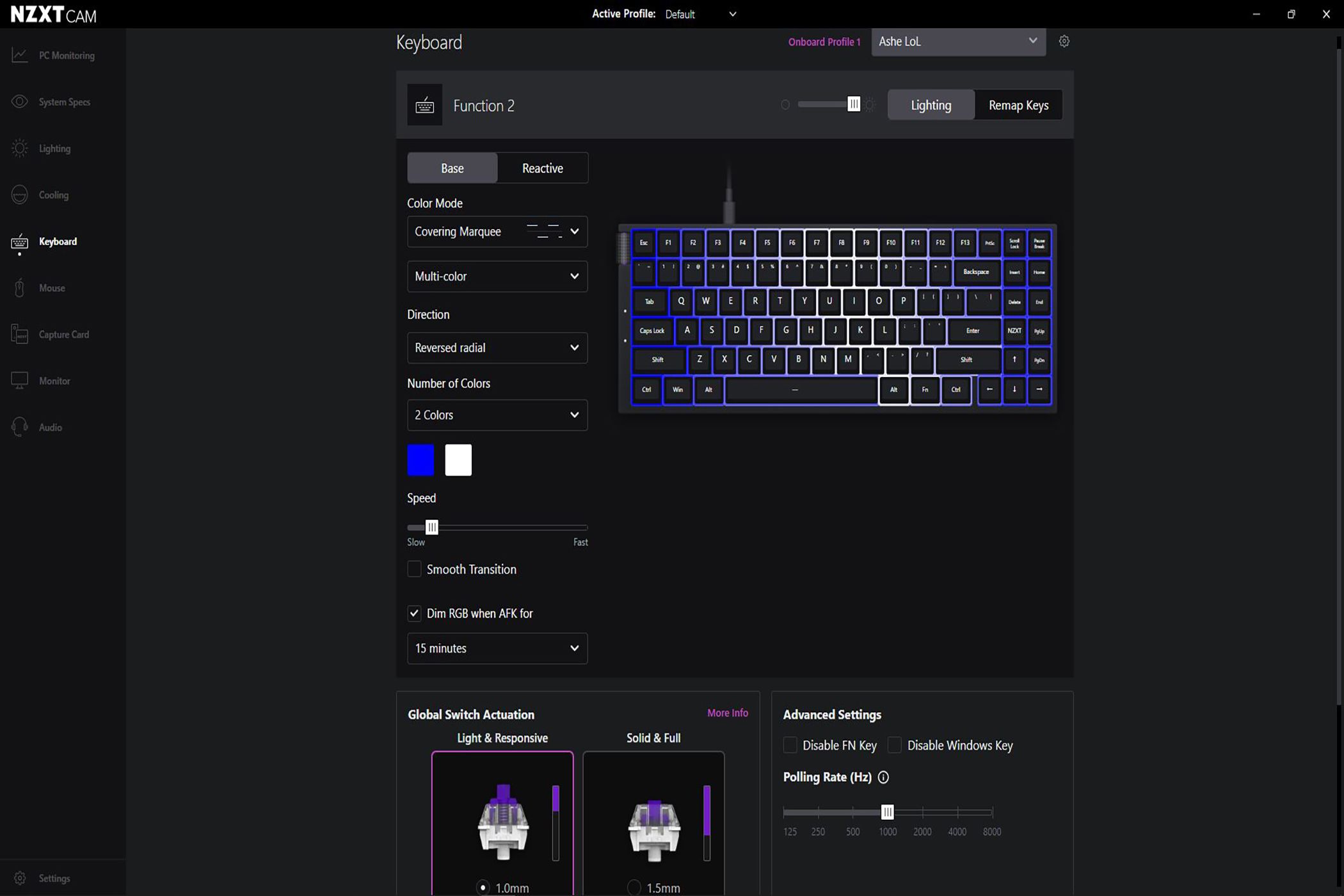 Exemplo de personalização de cores do teclado NZXT Cam