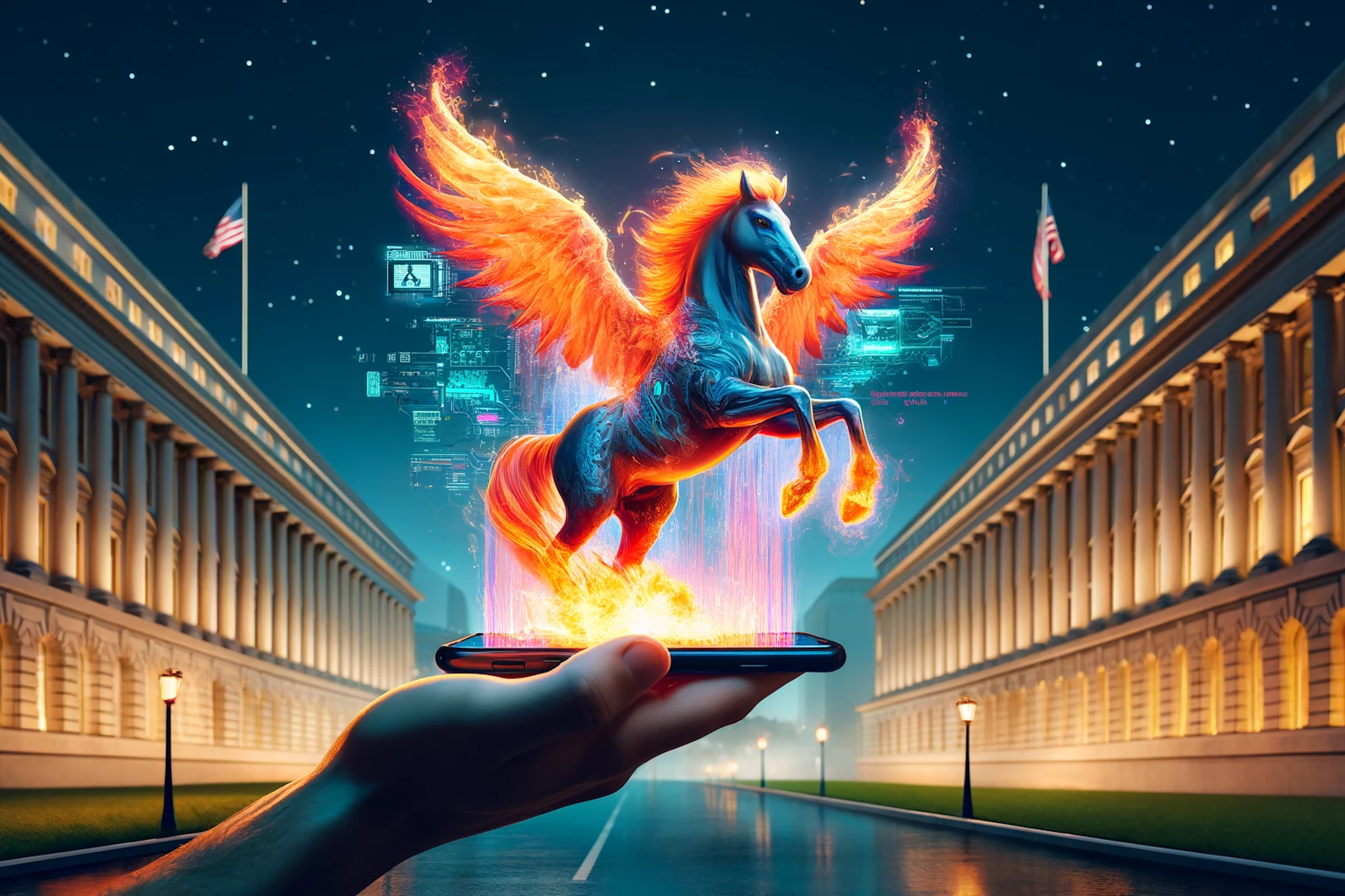 pegasus malware coming out of smartphone american flags background illustration