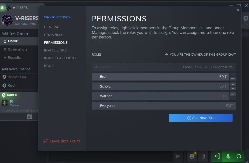 تنظیمات مجوز برای چت گروهی Steam