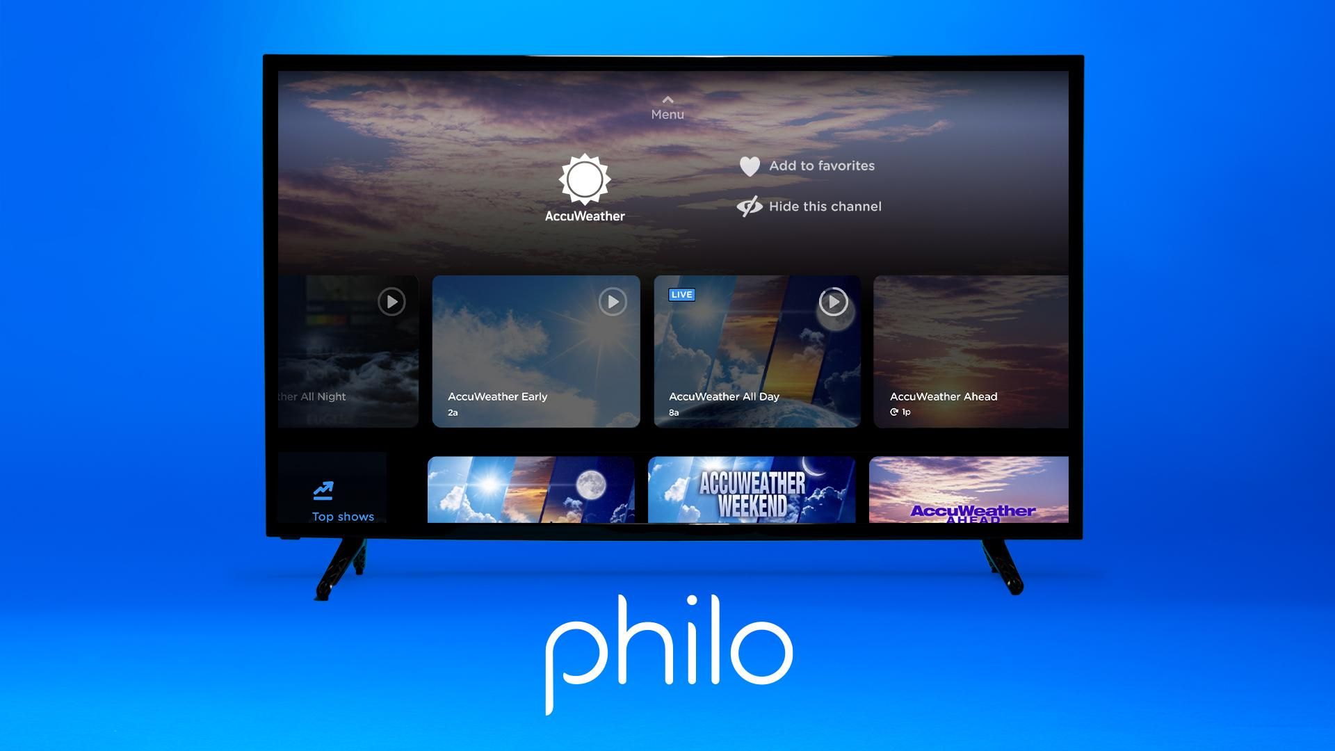 A television displaying Philo's live TV streaming service, incluindg the AccuWeather channel