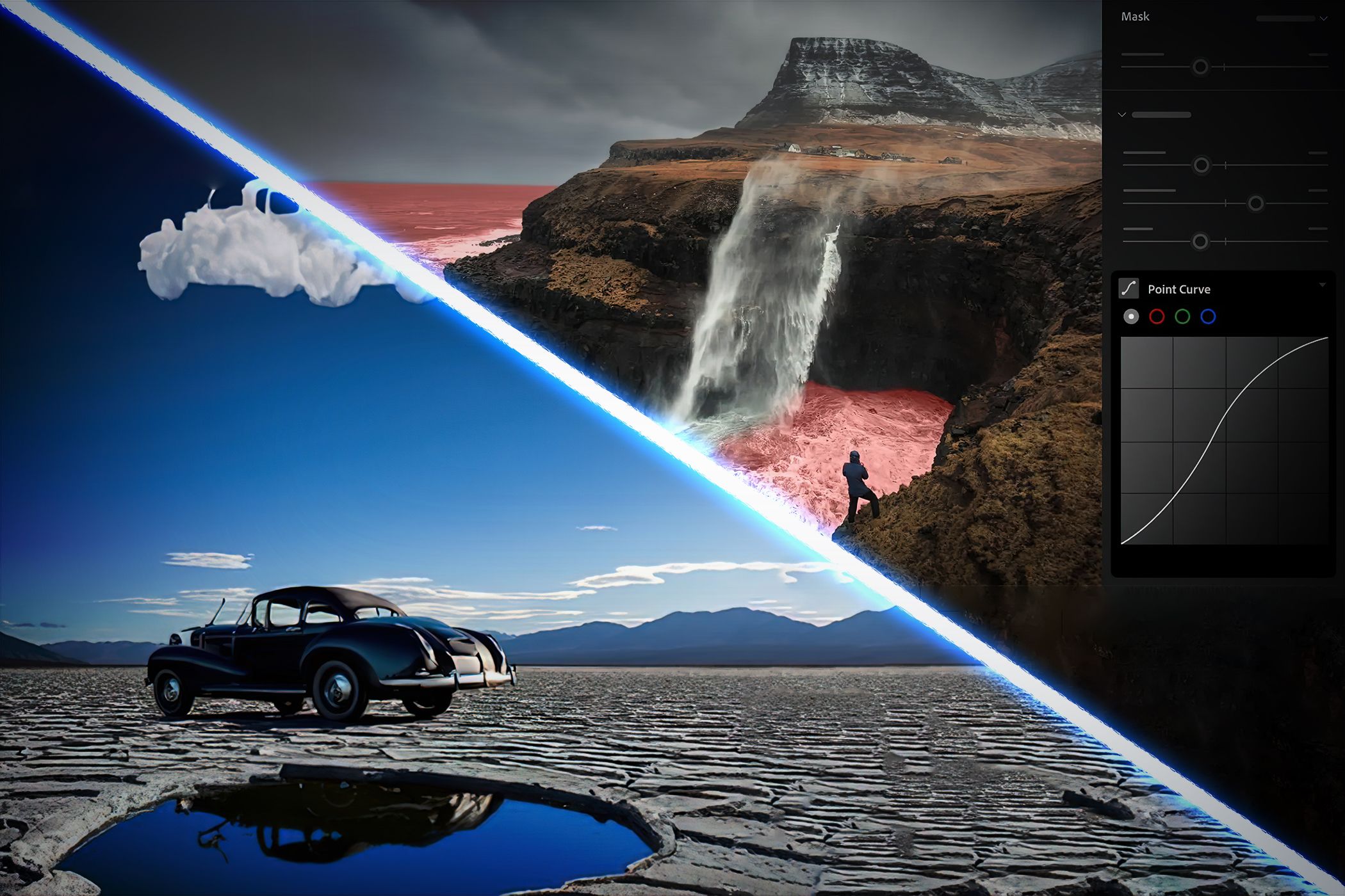 Split image showing a car on dry land and a man by a waterfall, illustrating photo editing transformation effects.