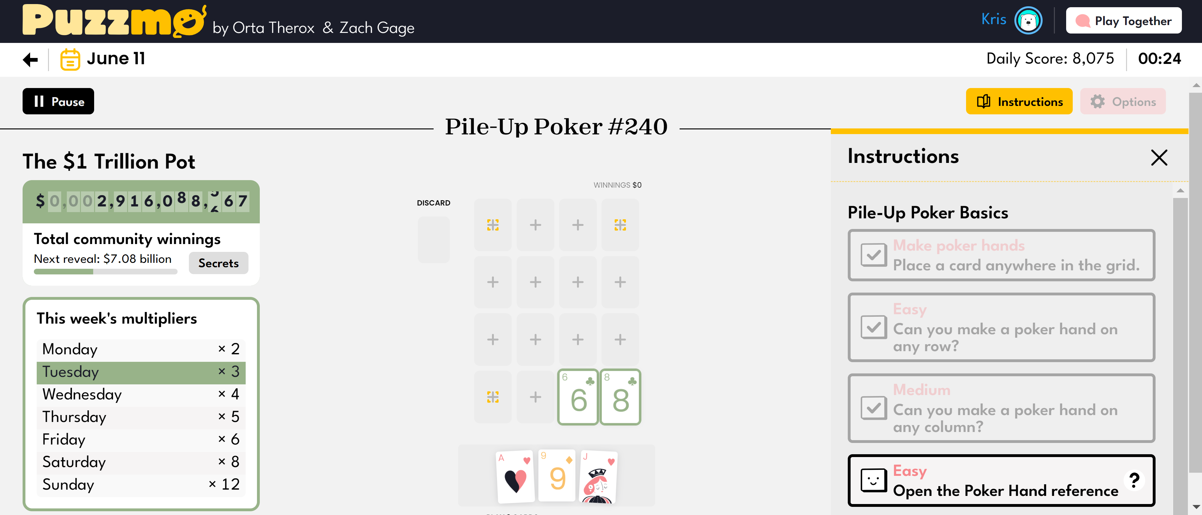 اسکرین شات از Pile-Up Poker در Puzzmo