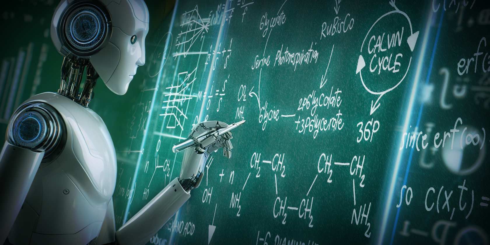 robot solving math problems on green board