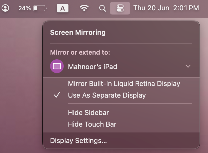 گزینه Screen Mirroring در مرکز کنترل macOS