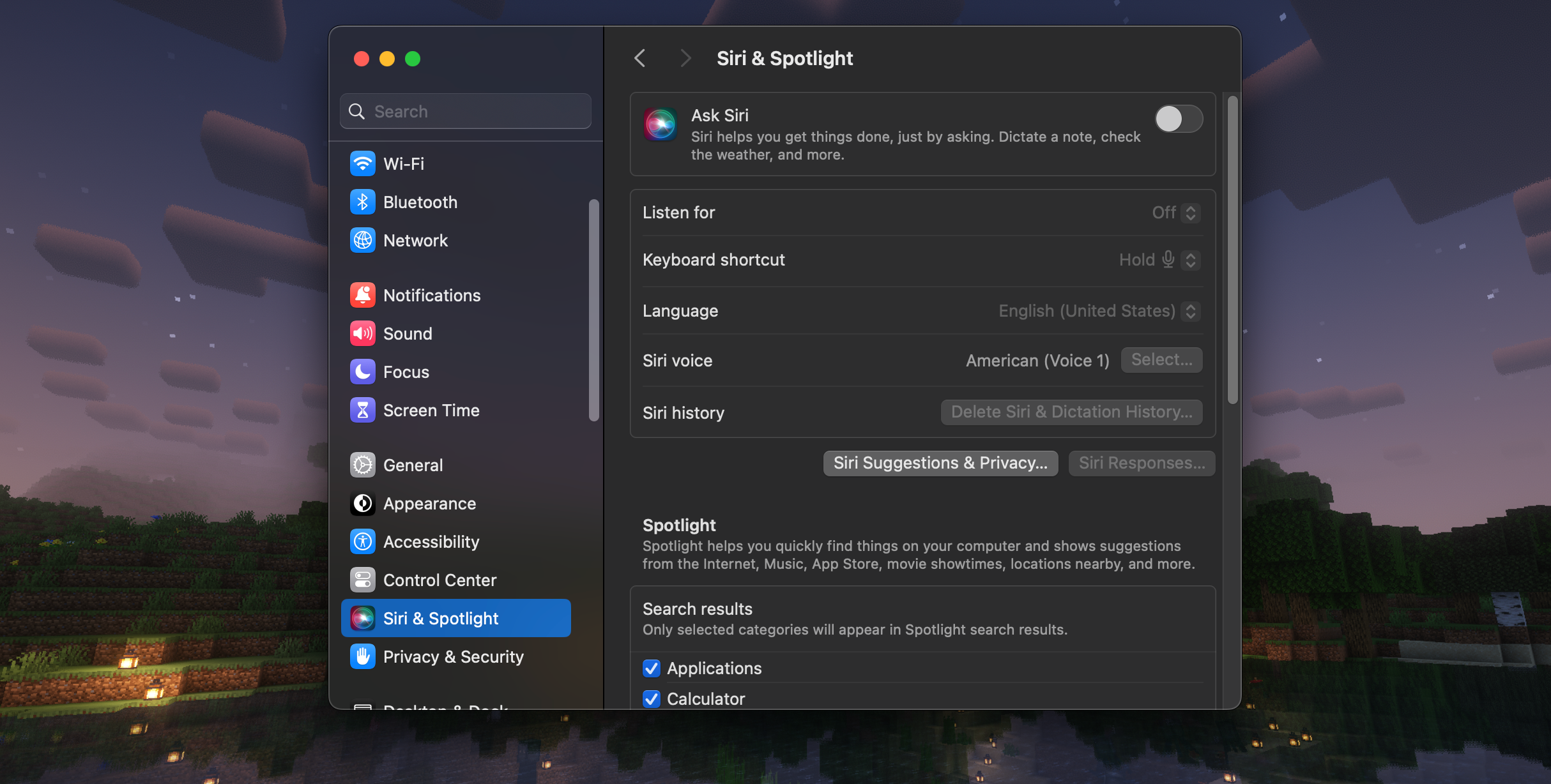 macOS Sonoma System Settings Siri & Spotlight menu