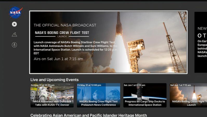NASA channel home page on Roku