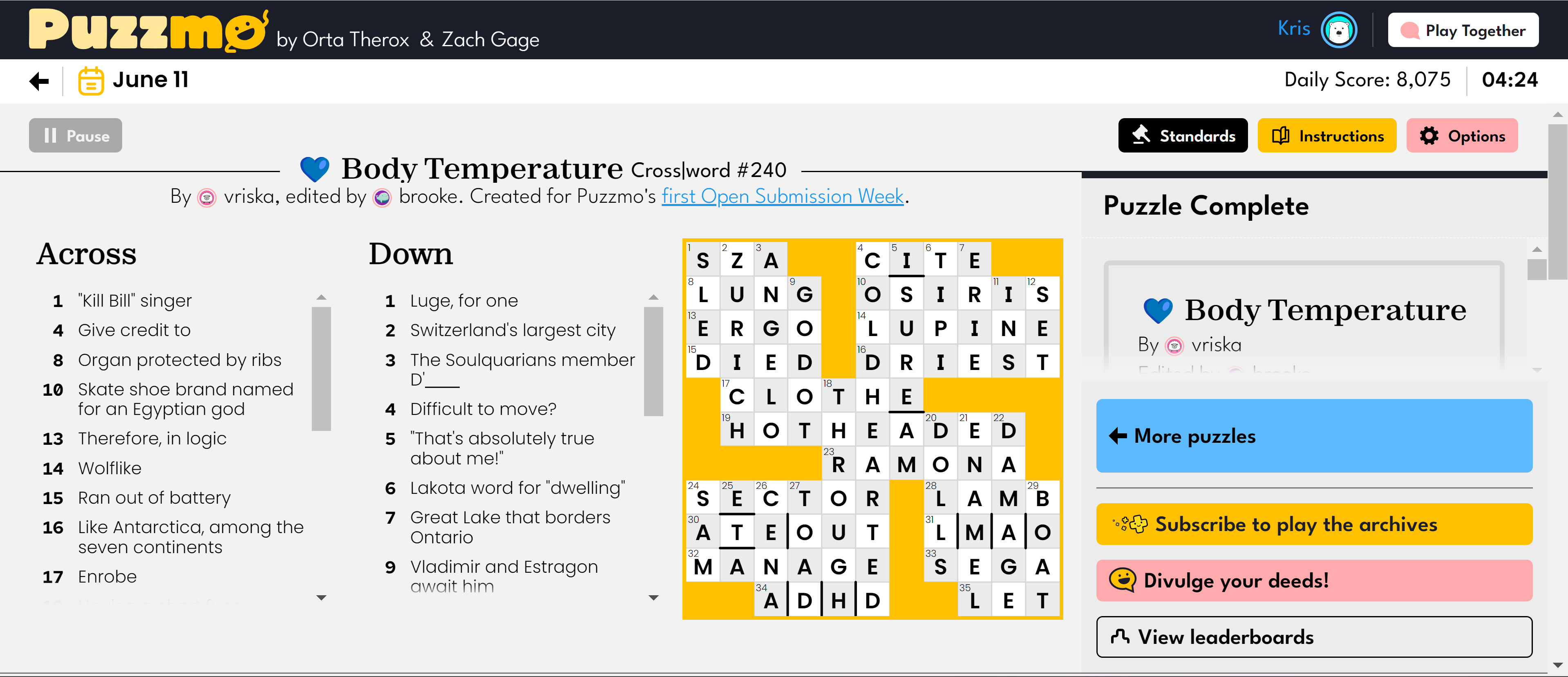 اسکرین شات وب سایت Puzzmo که بازی Cross|Word را نشان می دهد