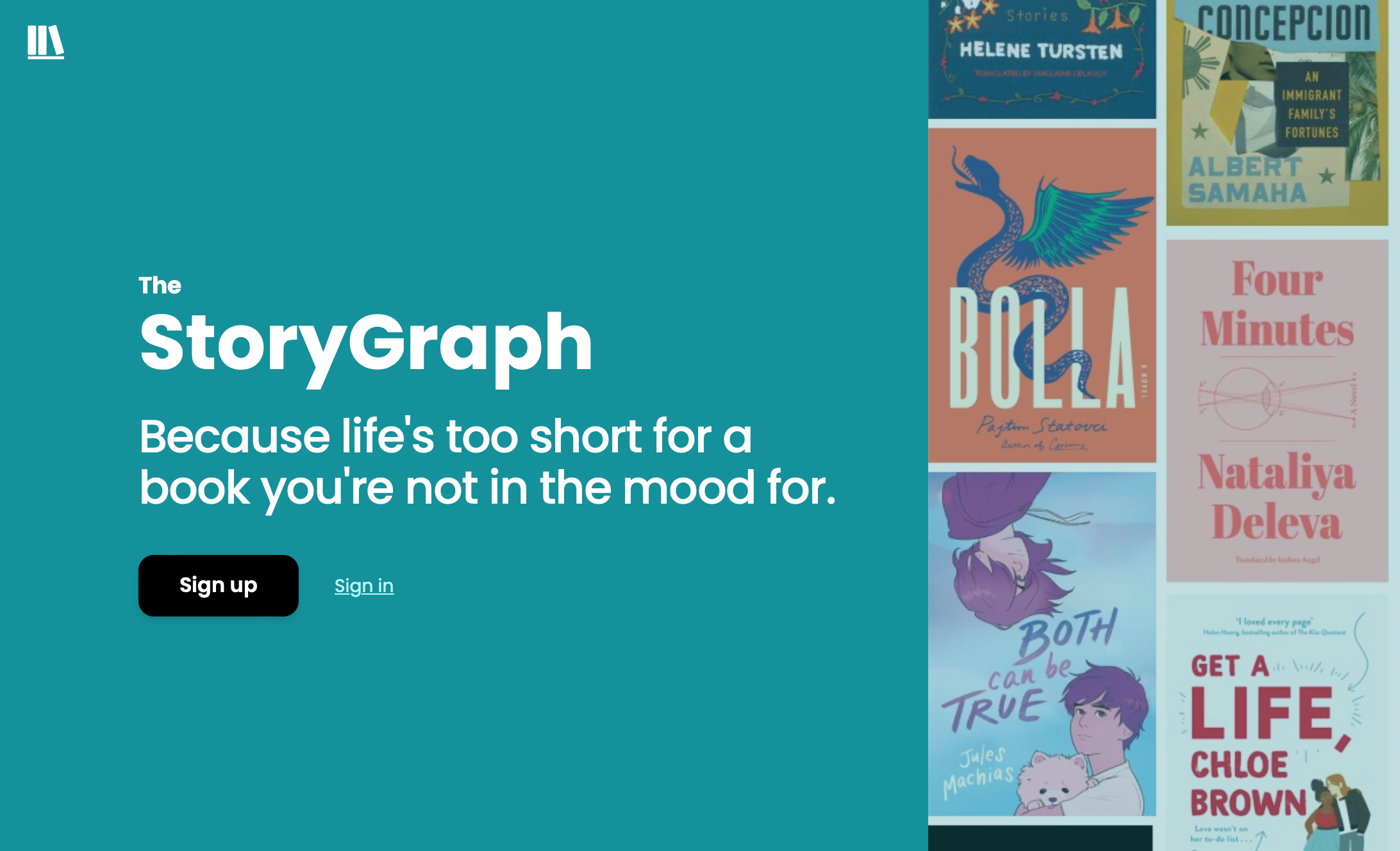 Screenshot of StoryGraph webpage with options to login 
