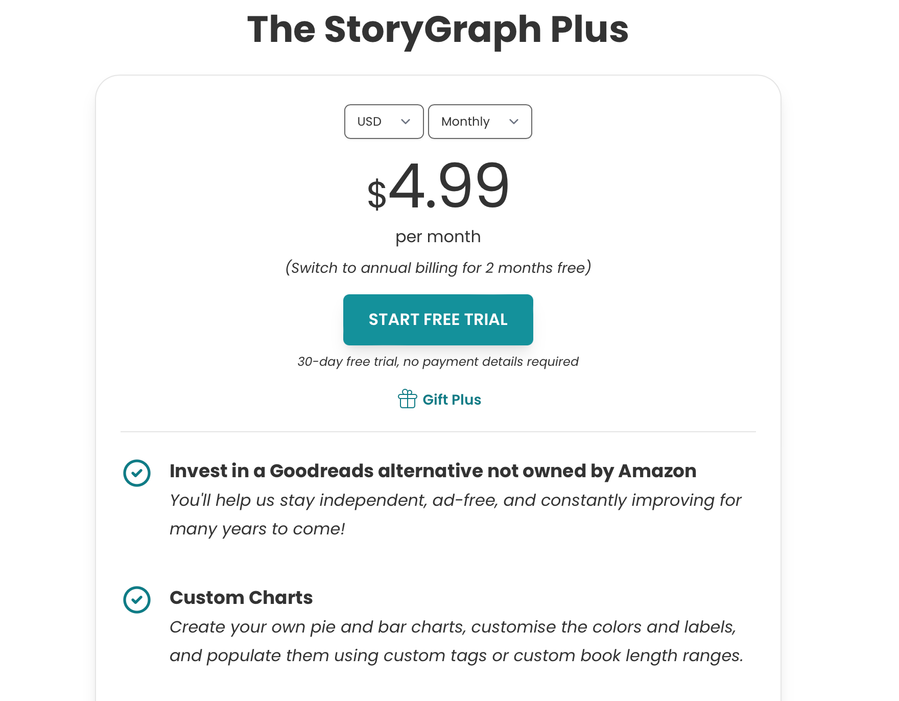 Screenshot of The StoryGraph Plus subscribe page with list of features 