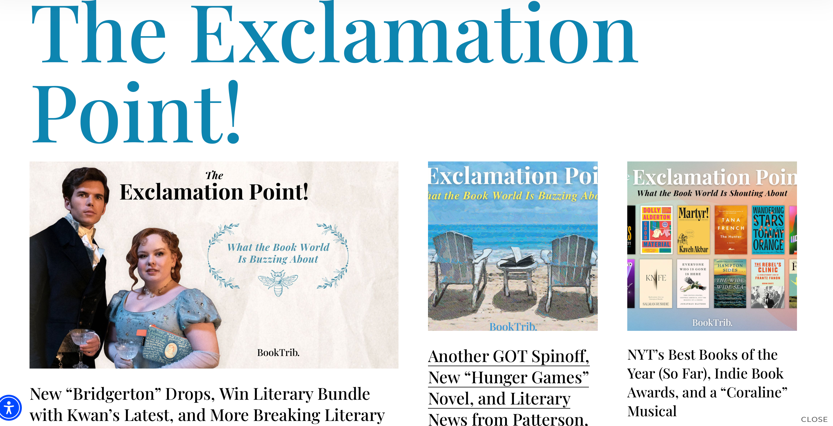 Screenshot of BookTrib's newsletter The Exclamation Point! with featured news about Bridgerton and The Hunger Games
