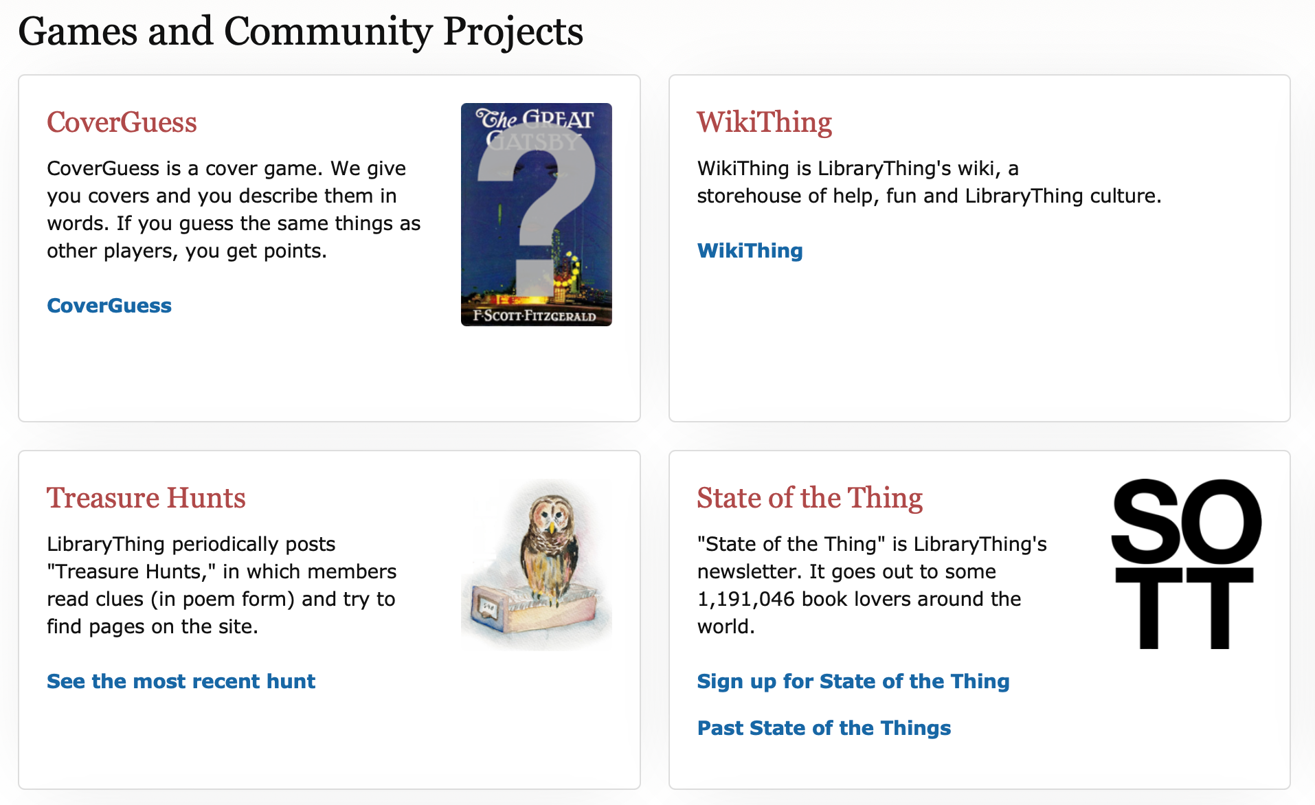 Screenshot of LibraryThings Games and Community Projects page with different games and newsletter options