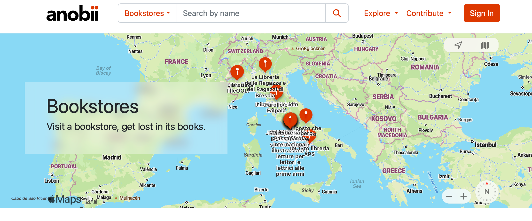 Screenshot of anobii website with interactive map to find bookstores in Italy
