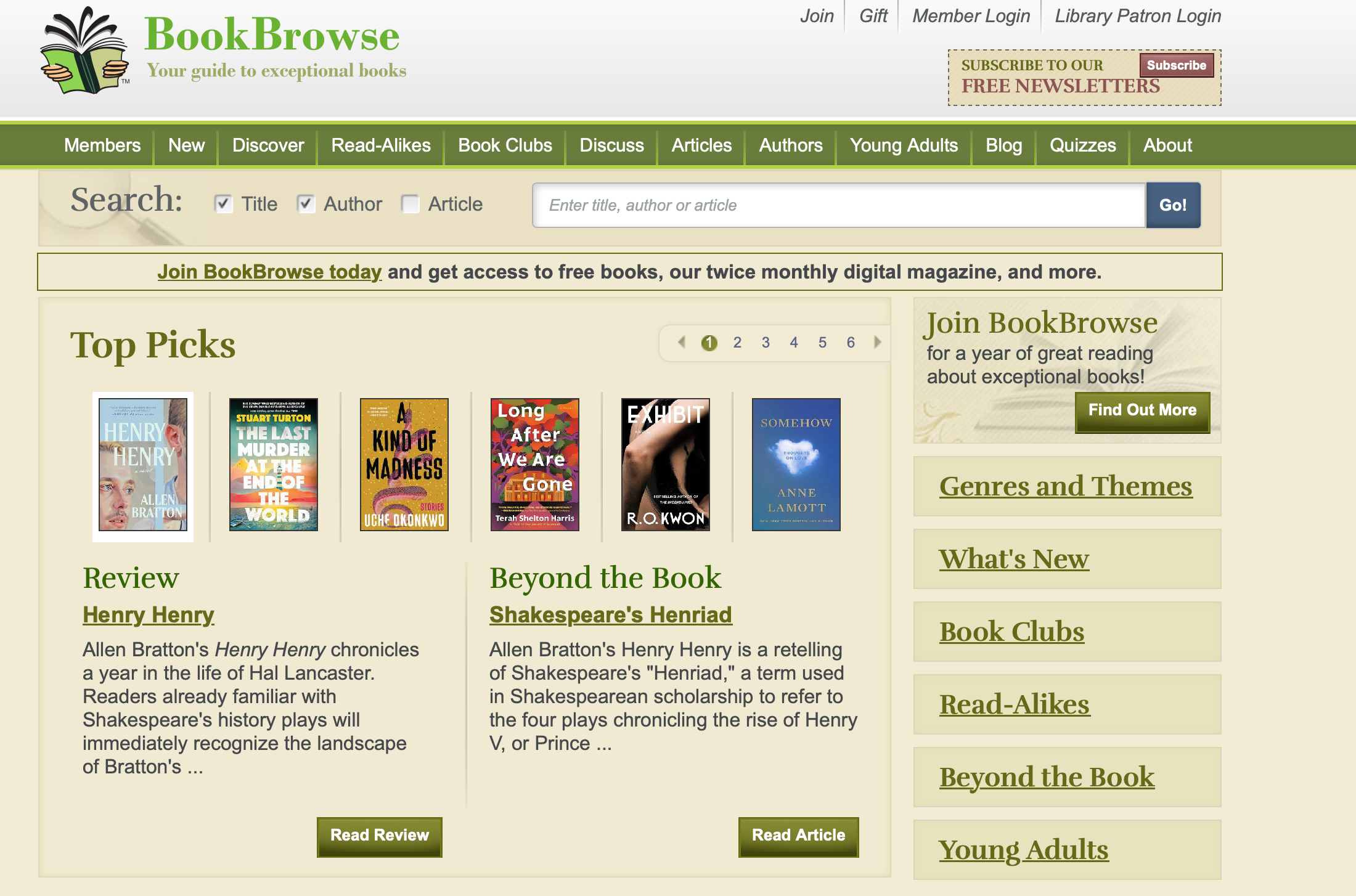 Screenshot of BookBrowse website homepage with top picks book recommendations
