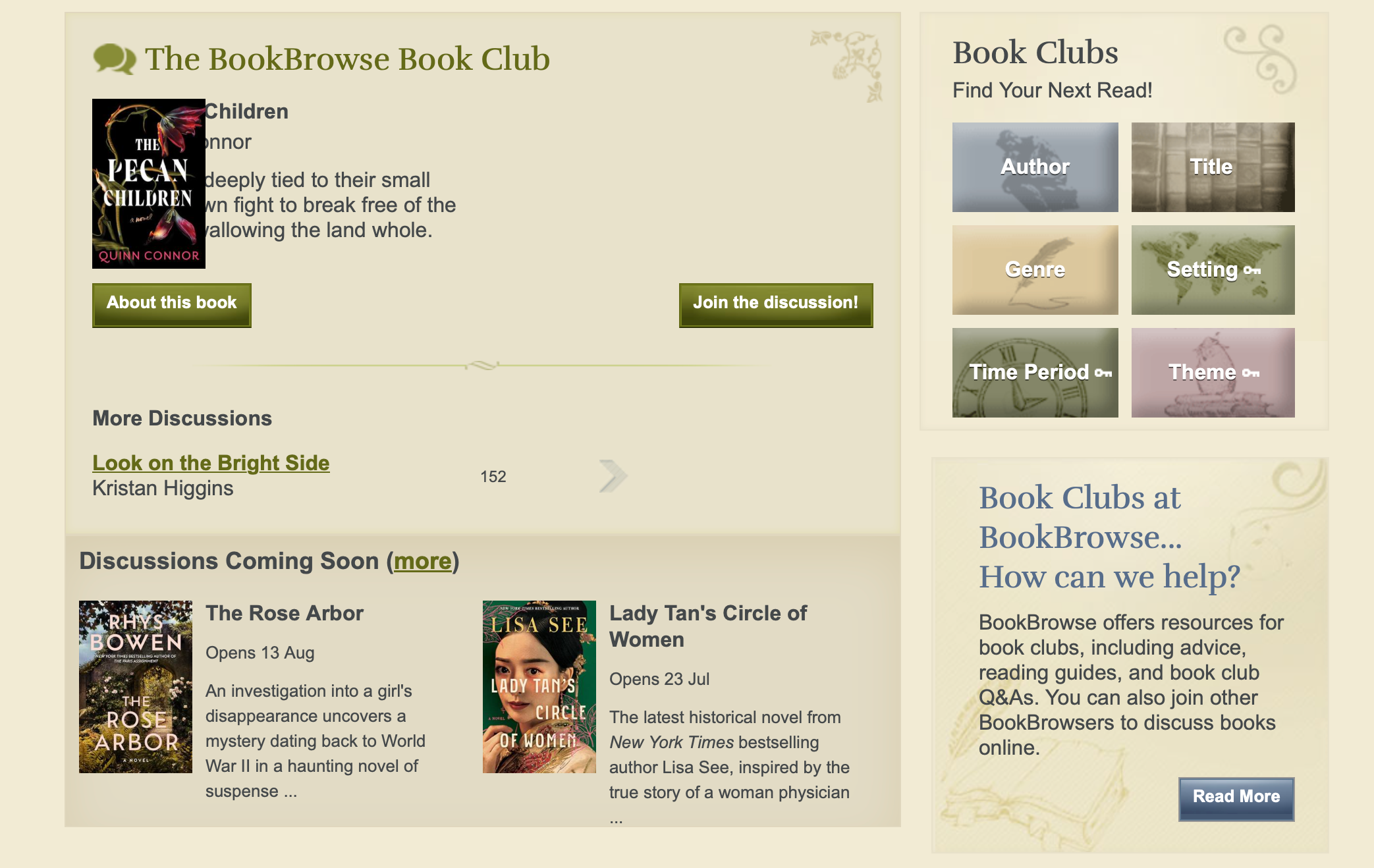 Screenshot of book clubs page on BookBrowse with monthly discussions