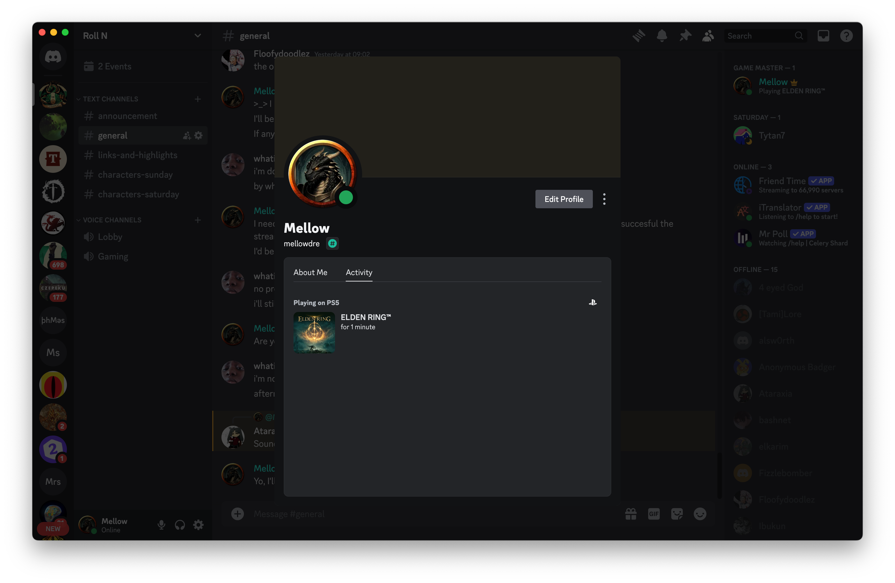 Perfil Discord de Mellow exibindo atividade do PS5 Elden Ring