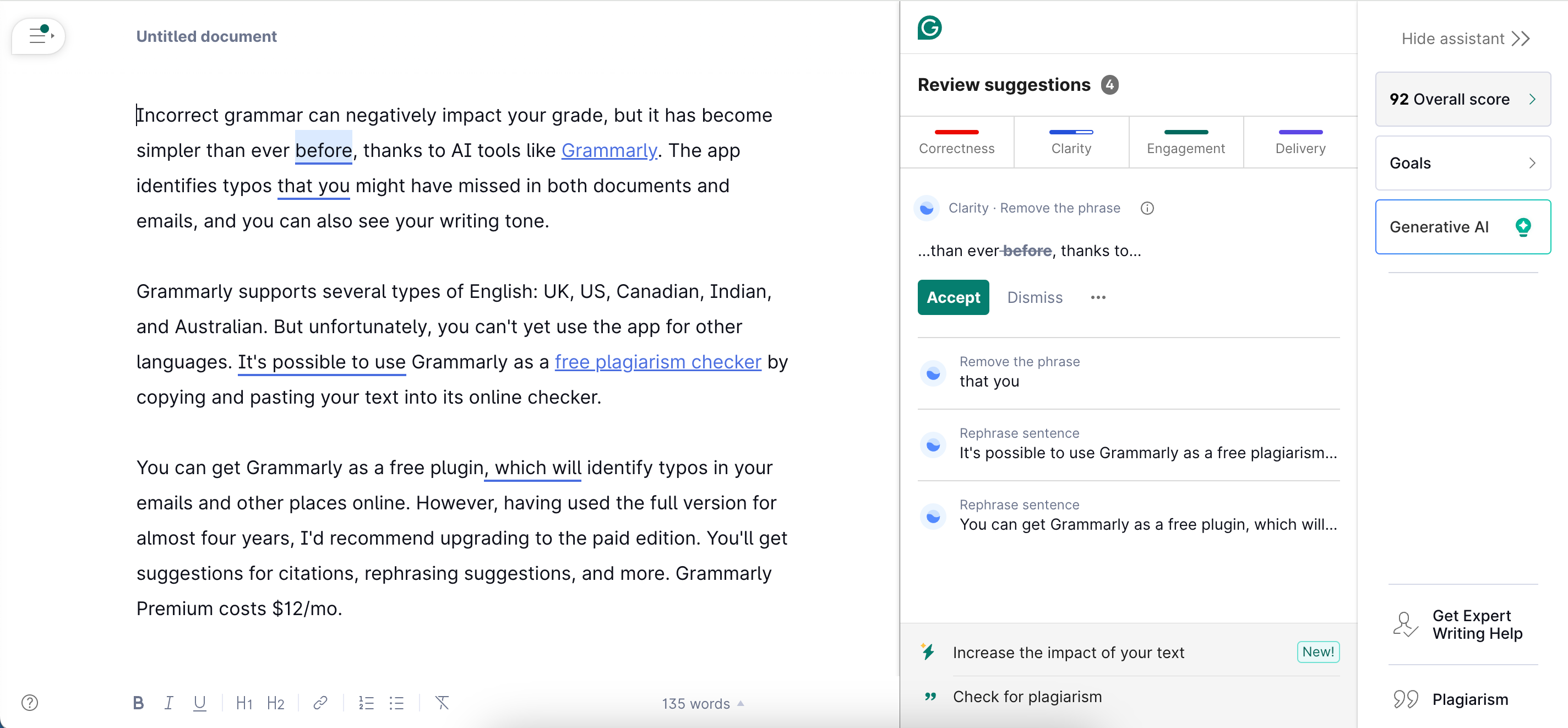 The Grammarly app interface with different sections open 