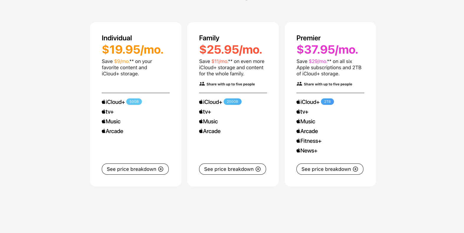 Apple One Subscription Prices on Apple's website