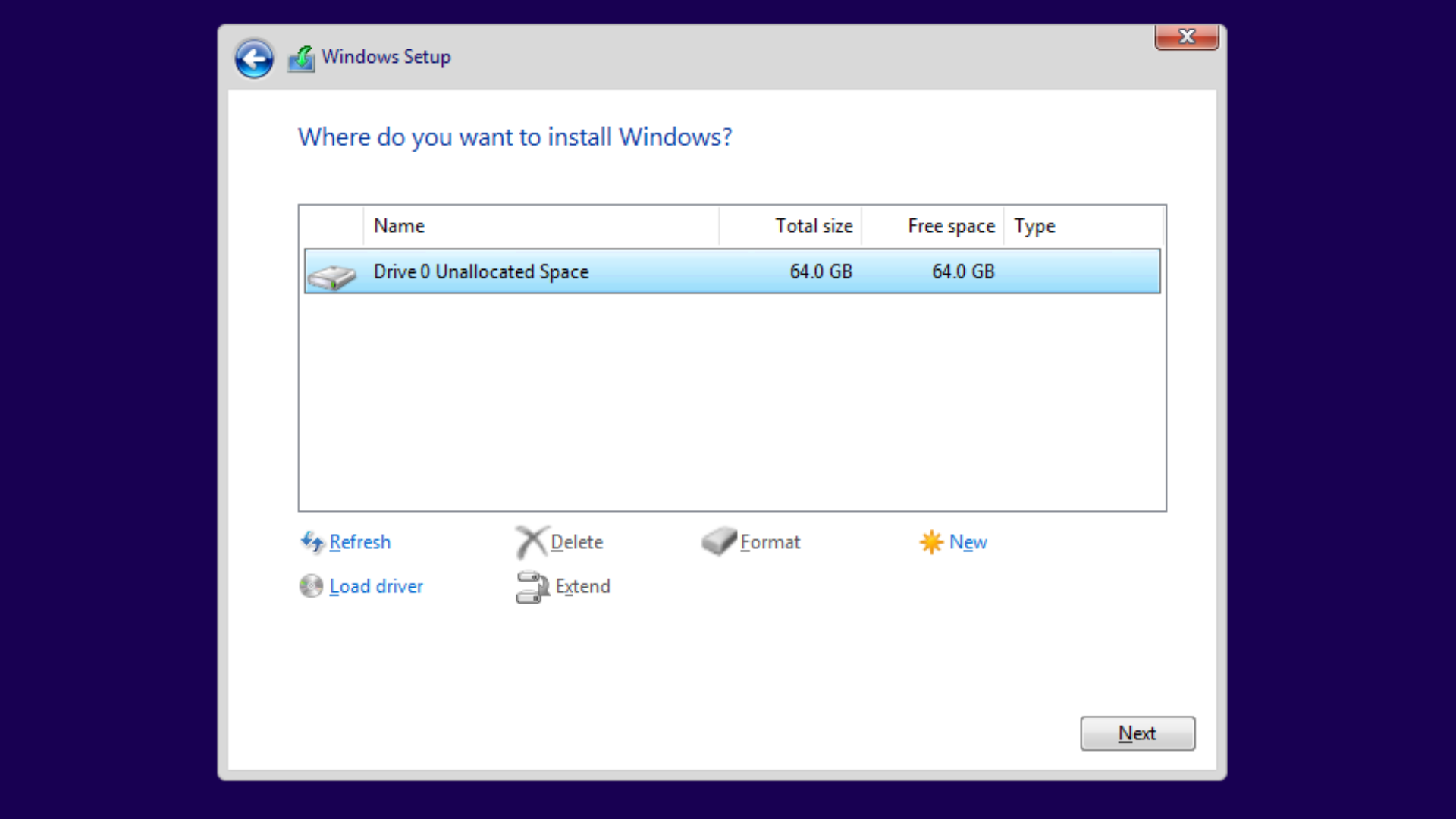 selecting empty disk to install windows