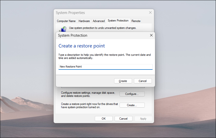 گفتگوی Create Restore Point که روی دسکتاپ ویندوز 11 ظاهر می شود