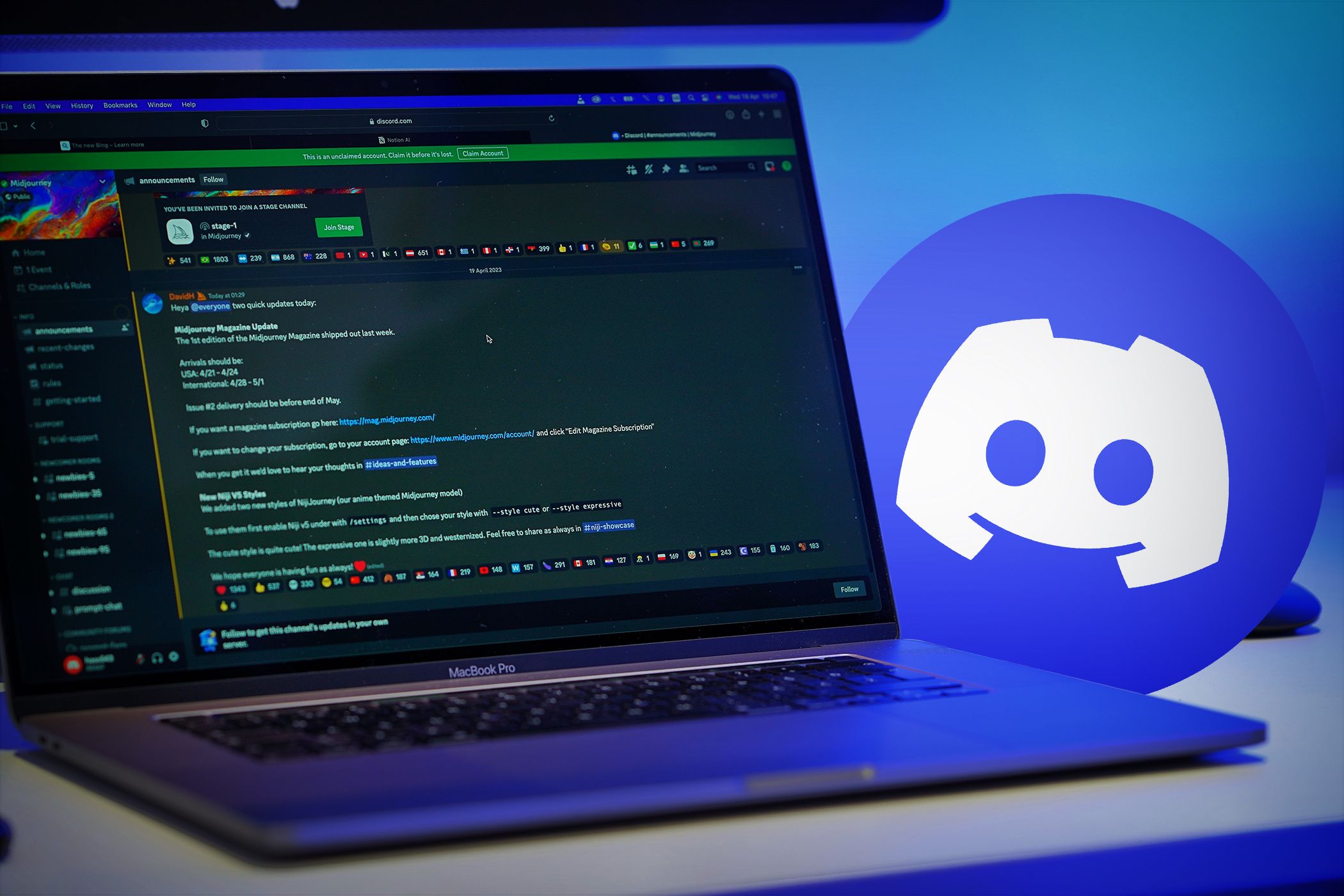 Laptop displaying a Discord chat with a glowing Discord logo beside it, highlighting online communication and community engagement.