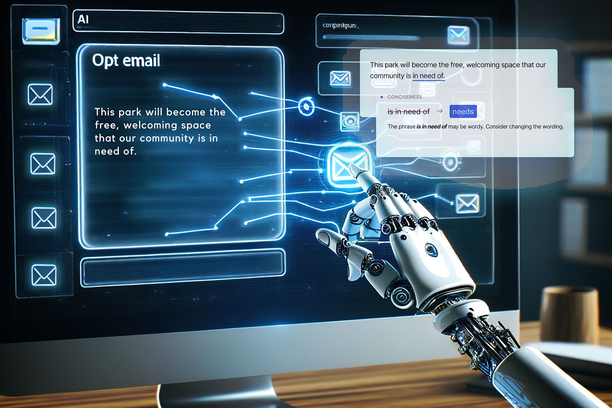 A robot touching a monitor with an email prompt and Grammarly interface overlaid