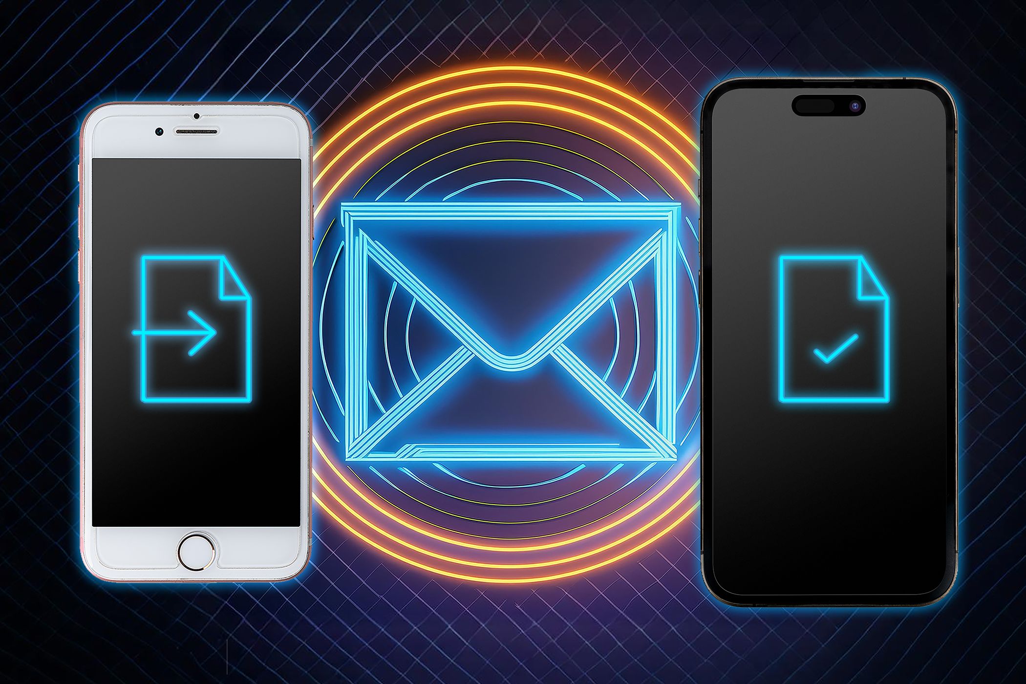 Two iPhones with a bright neon envelope icon in between