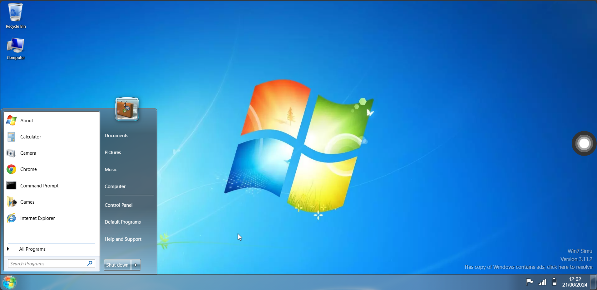 Windows 7 start menu screenshot take from Win7Simu
