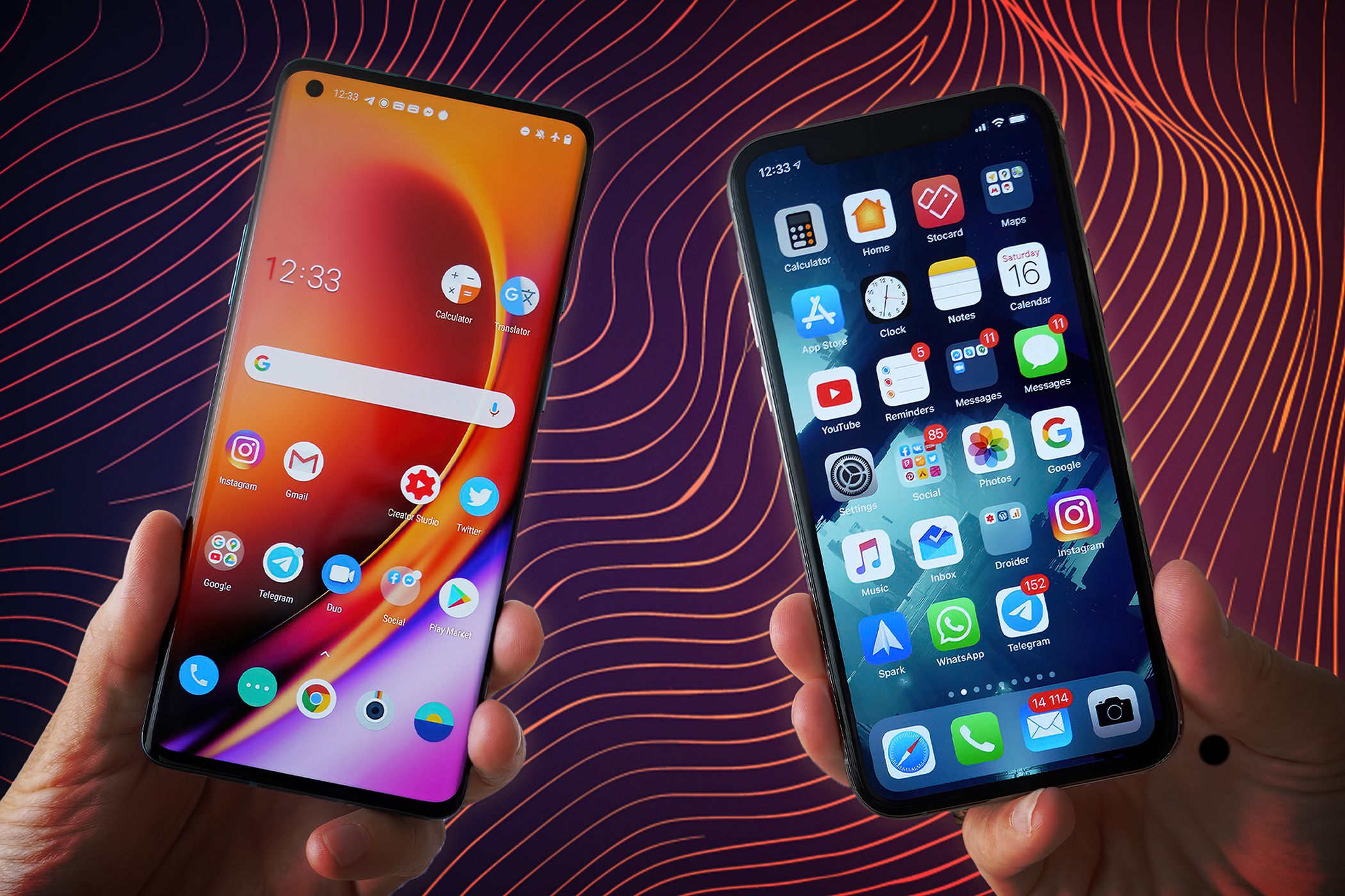 Hands holding an iPhone and a smartphone side by side, displaying different home screens, set against a vibrant, wavy background.
