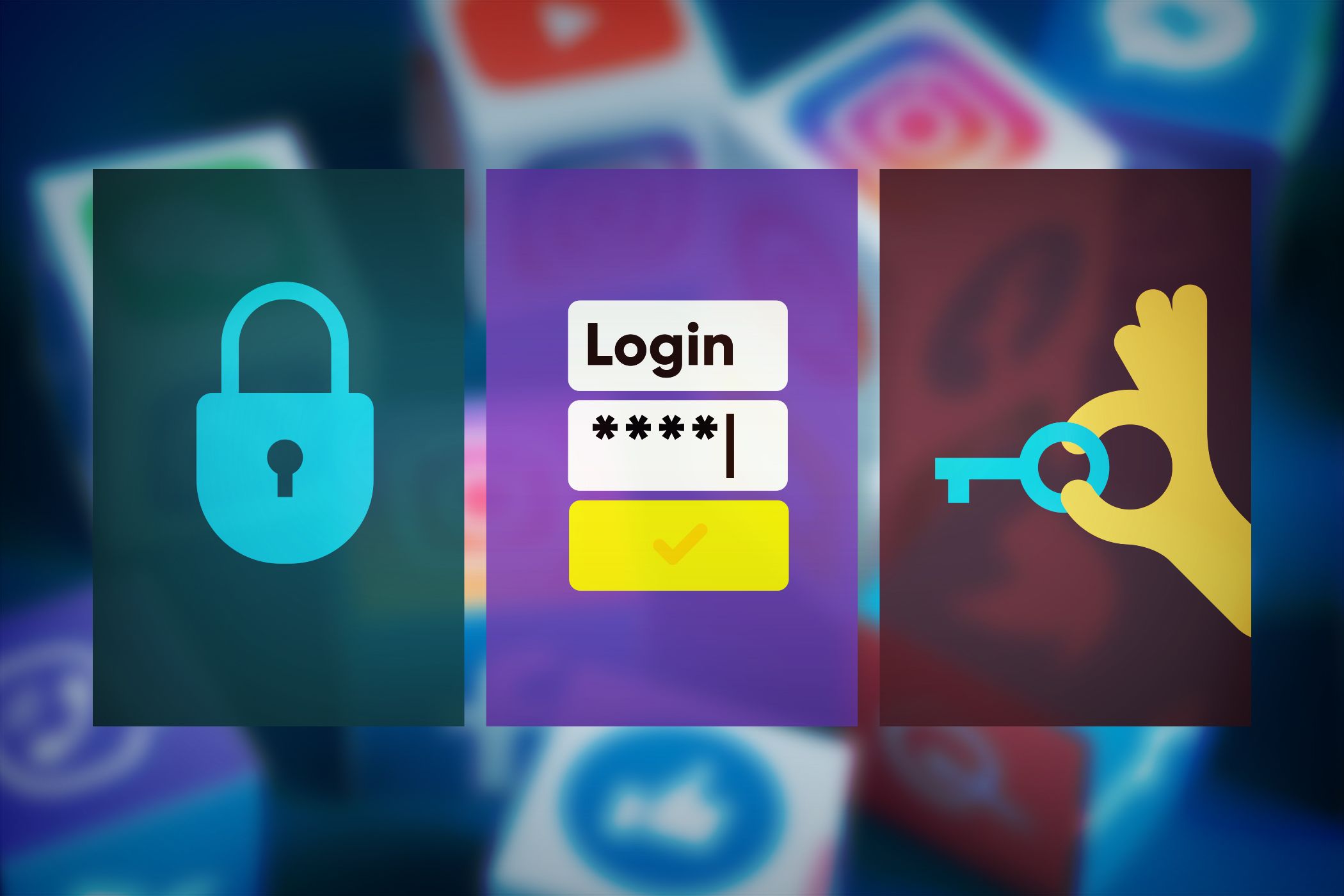 Icons of a padlock, login screen, and key, representing online security, authentication, and access control over a blurred background.