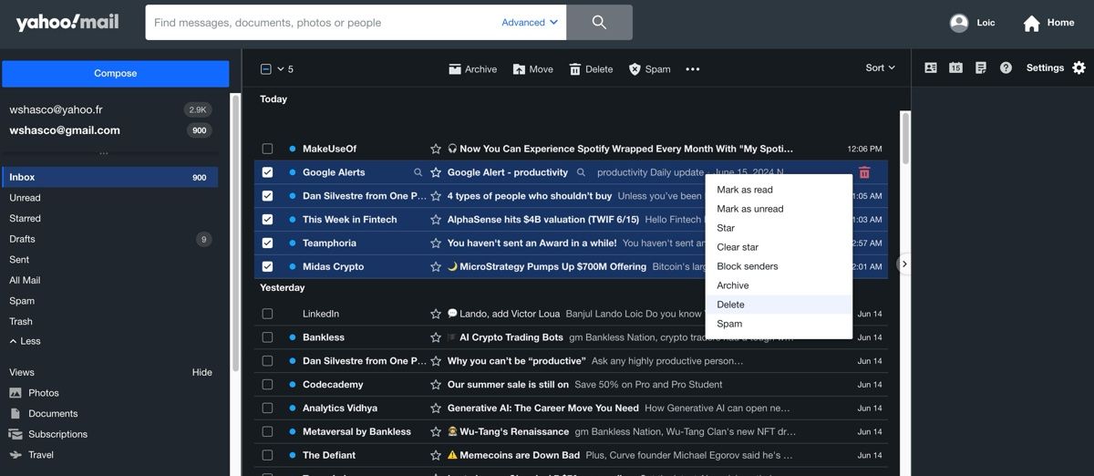 اسکرین شات صندوق ورودی Yahoo Mail که نحوه حذف چندین ایمیل را نشان می دهد