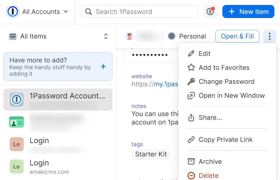 Cluttered interface of 1Password.