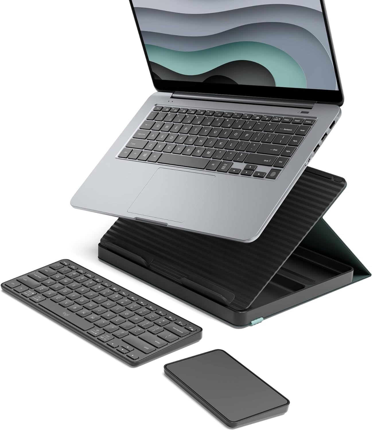 Mesa pop-up Logitech Casa em fundo branco