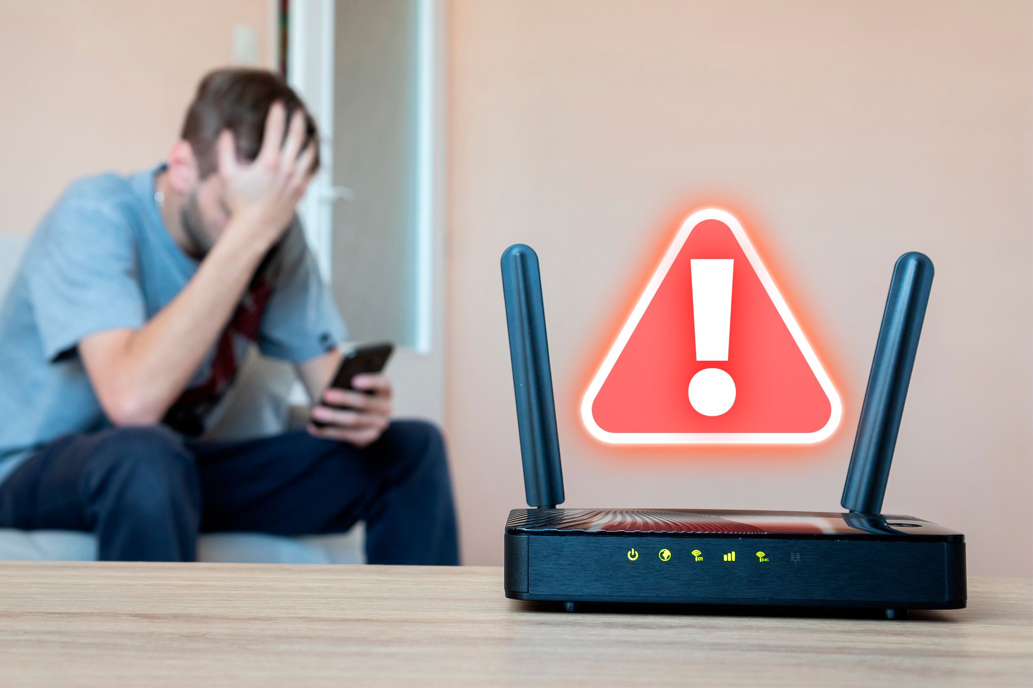 A router with an alert icon and an upset person in the background.