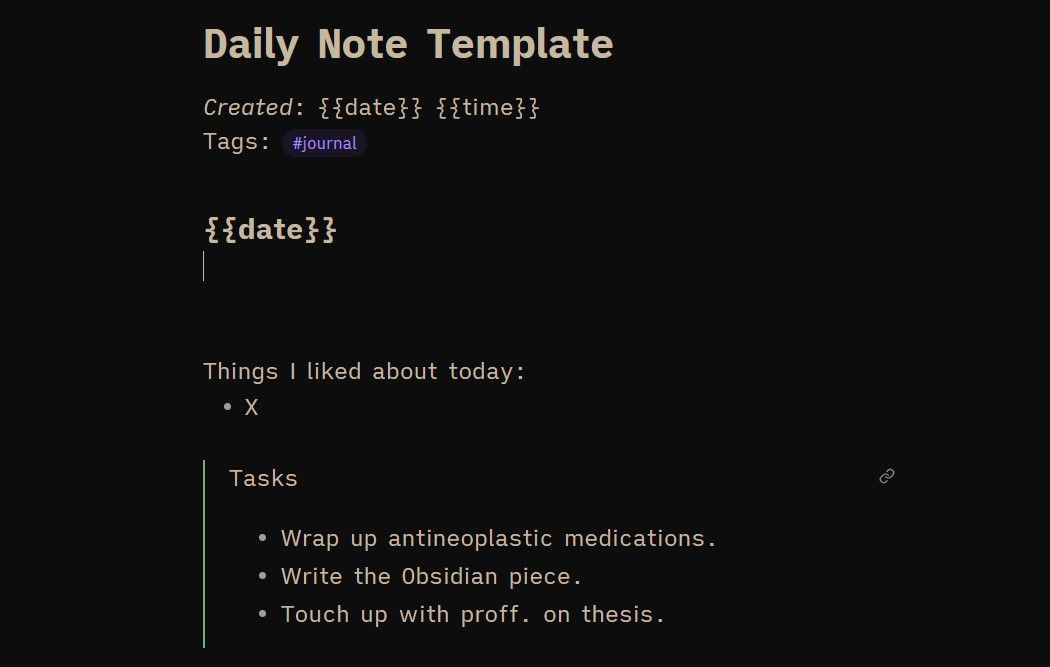 A sample daily note template in Obsidian