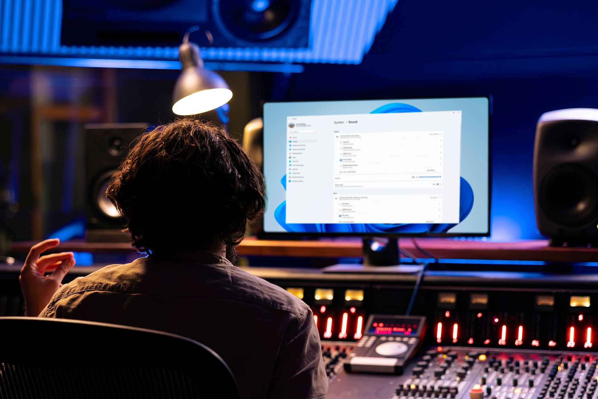 A sound studio with a screen showing the sound settings of Windows 11.