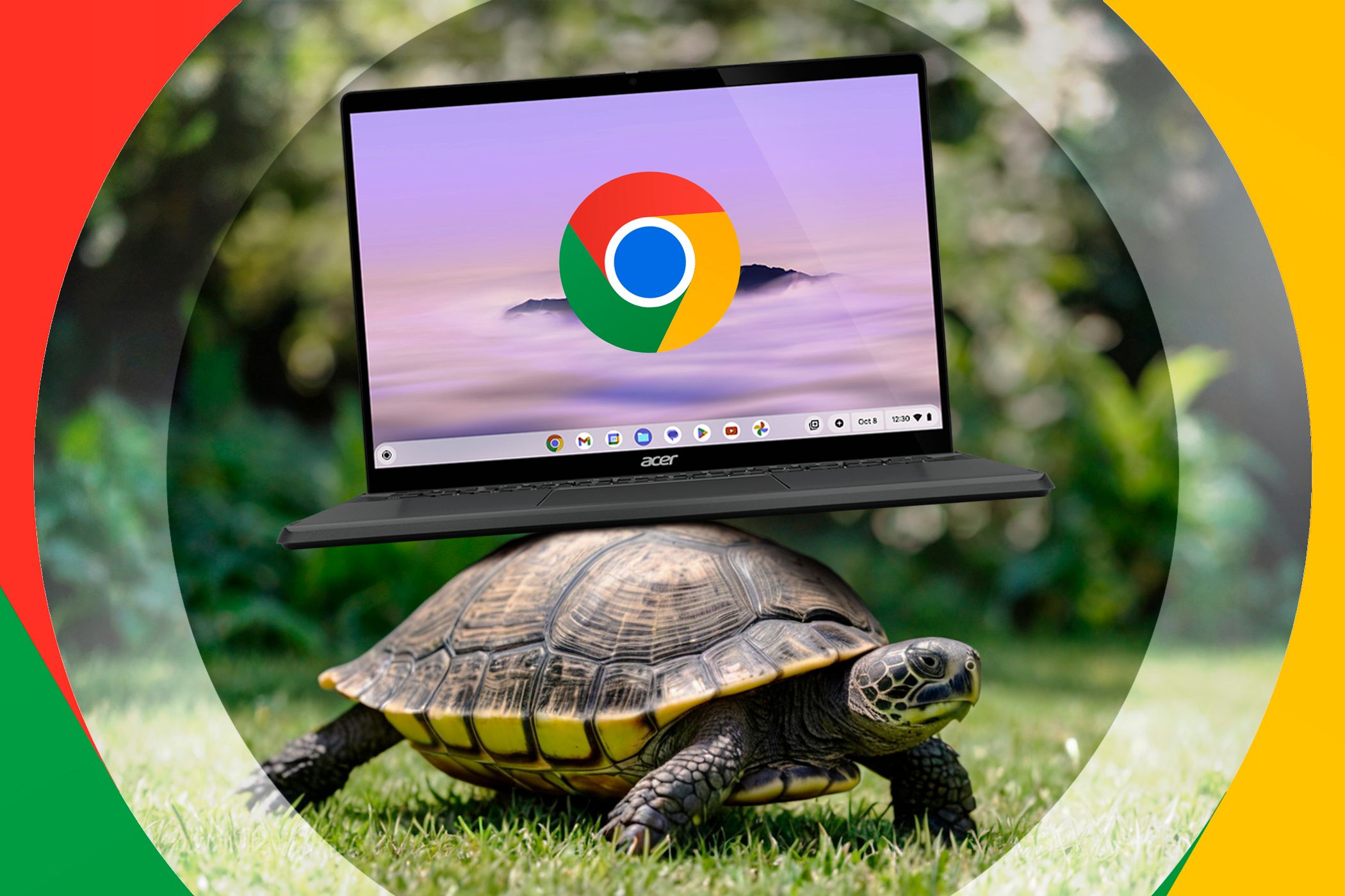 A turtle carrying a Chromebook on its shell.