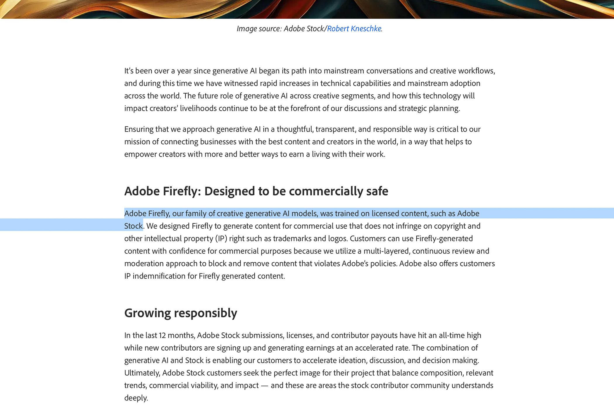 Adobe Firefly training on stock images quote