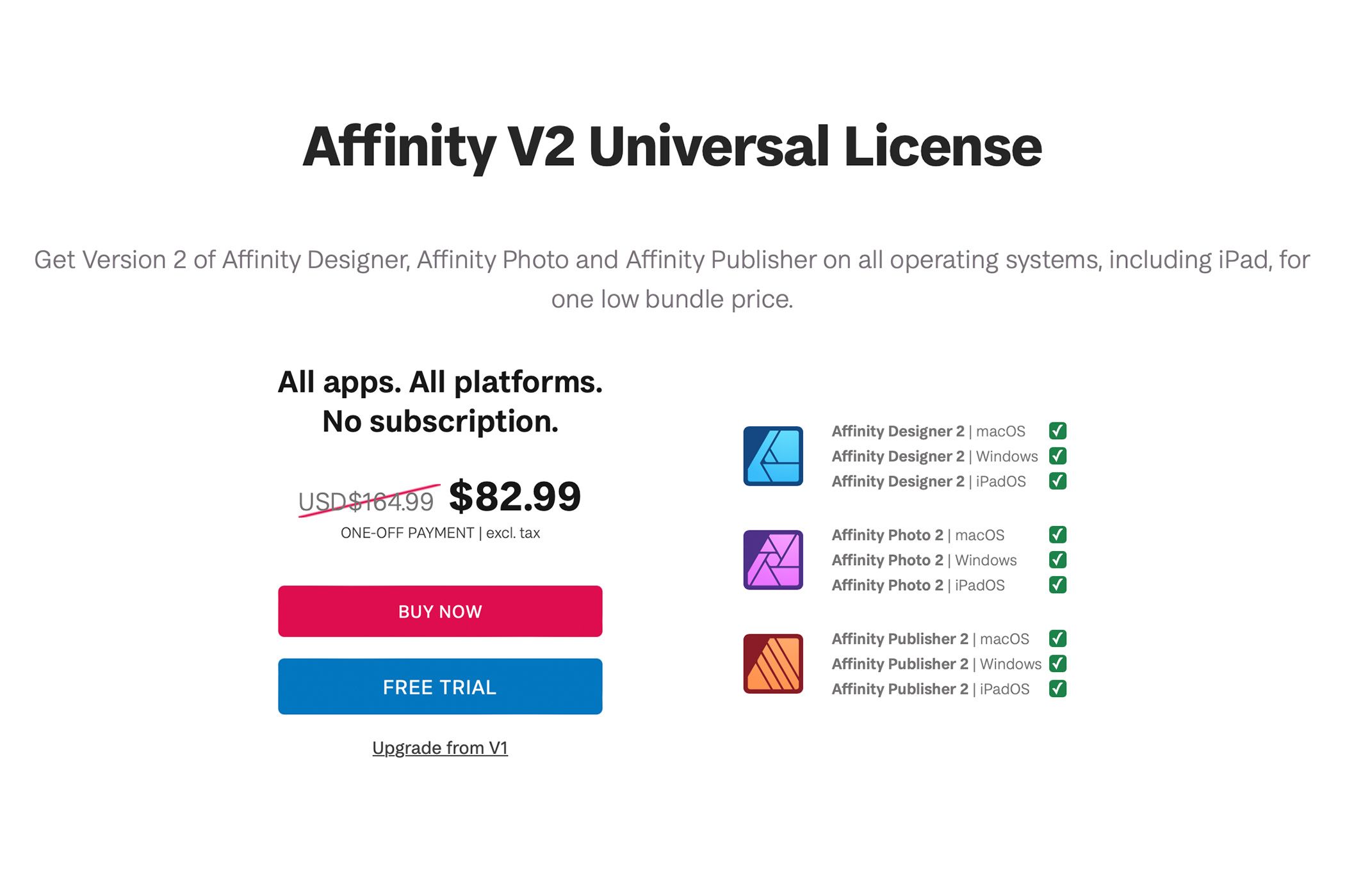 Affinity Universal license pricing (on sale)