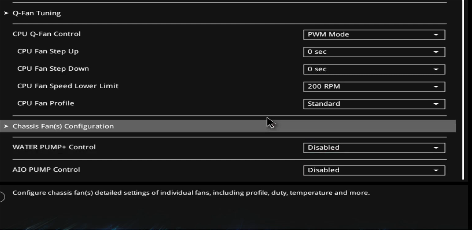 ابزار ASUS BIOS UEFI که حالت های کنترل فن را نشان می دهد