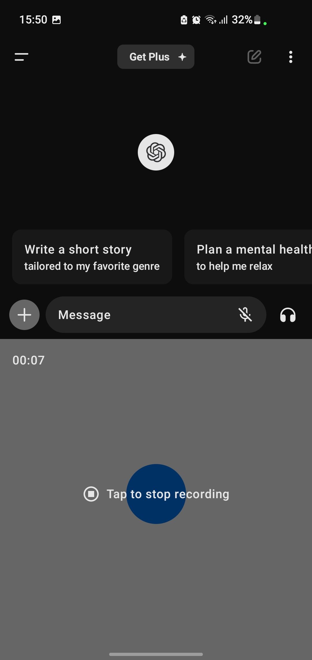 ChatGPT app audio recording screen