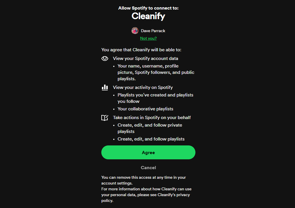 Granting permission for Cleanify to access Spotify