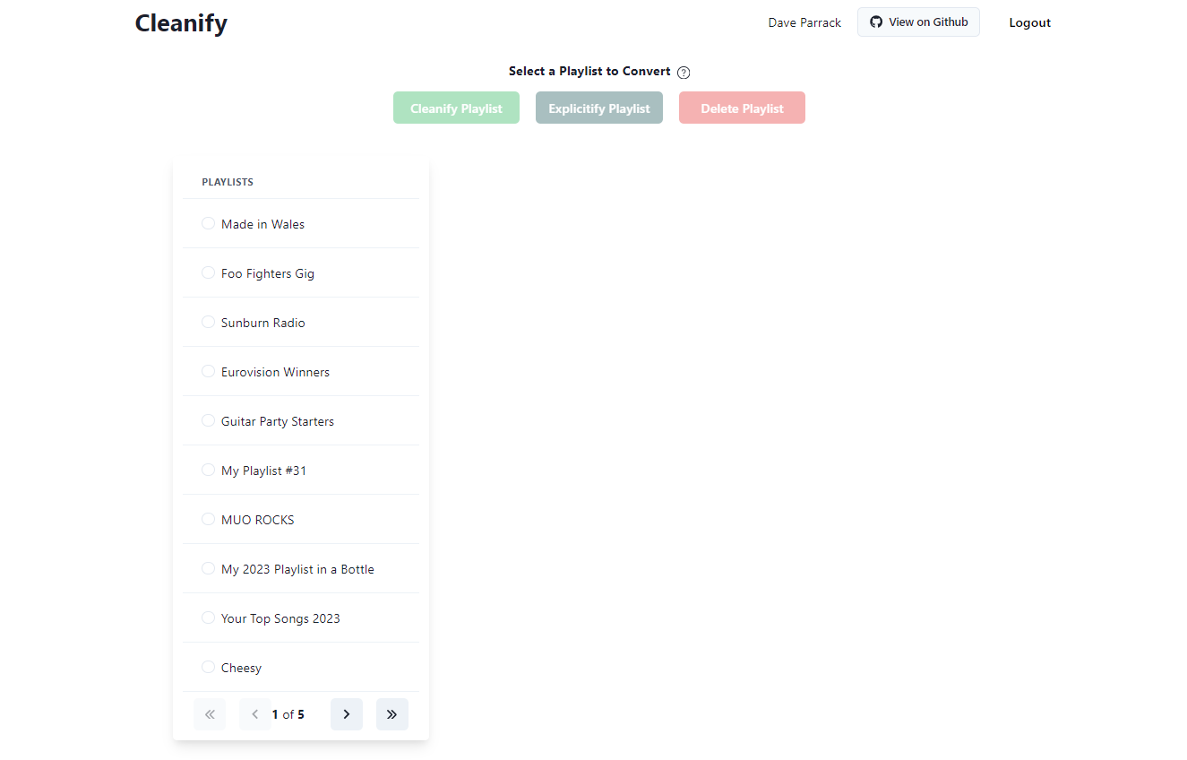 The Cleanify app having fetched playlists from Spotify