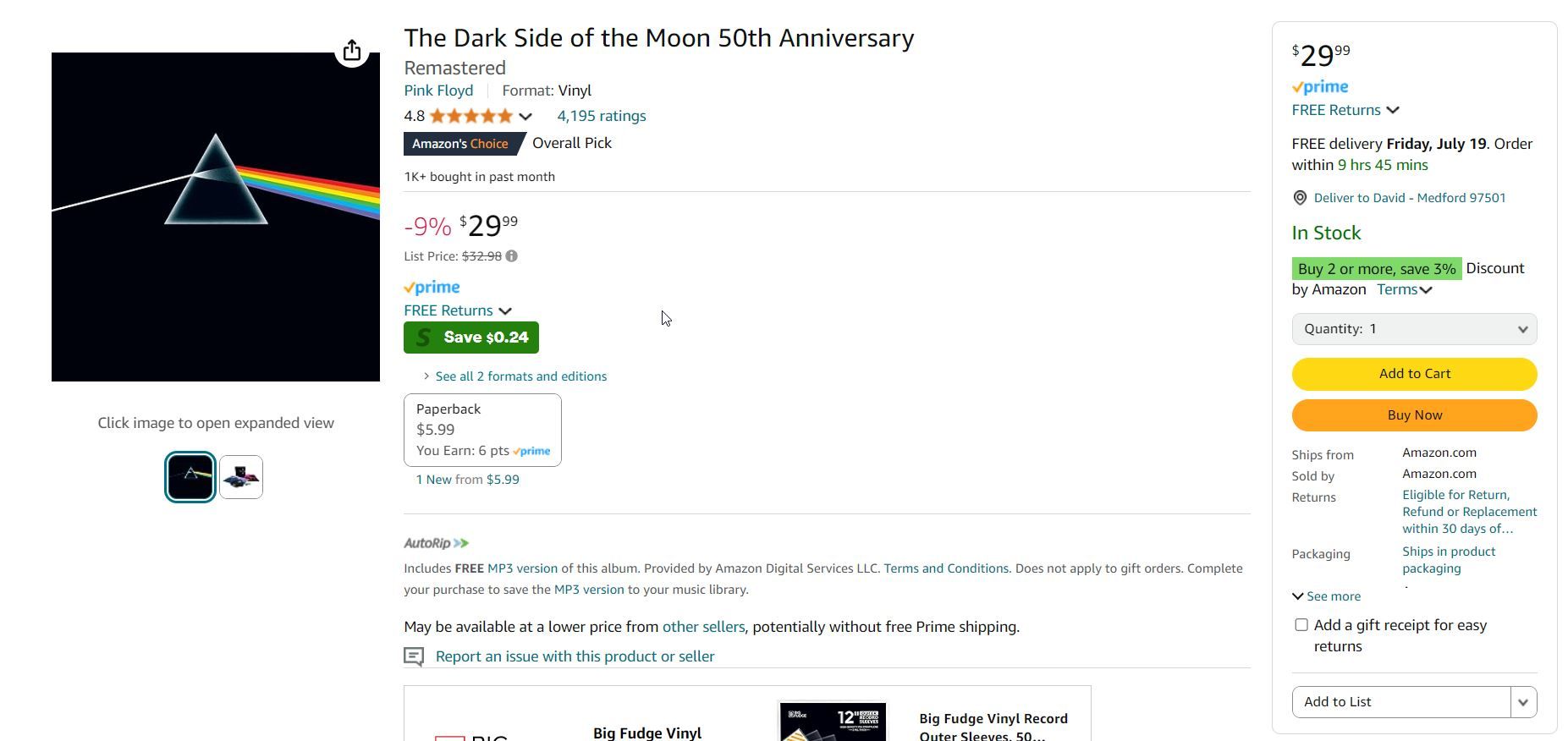 Pink Floyd's "Dark Side of the Moon" on vinyl for sale on Amazon