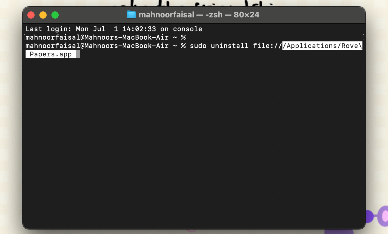 حذف برنامه Rove Papers از طریق دستور ترمینال