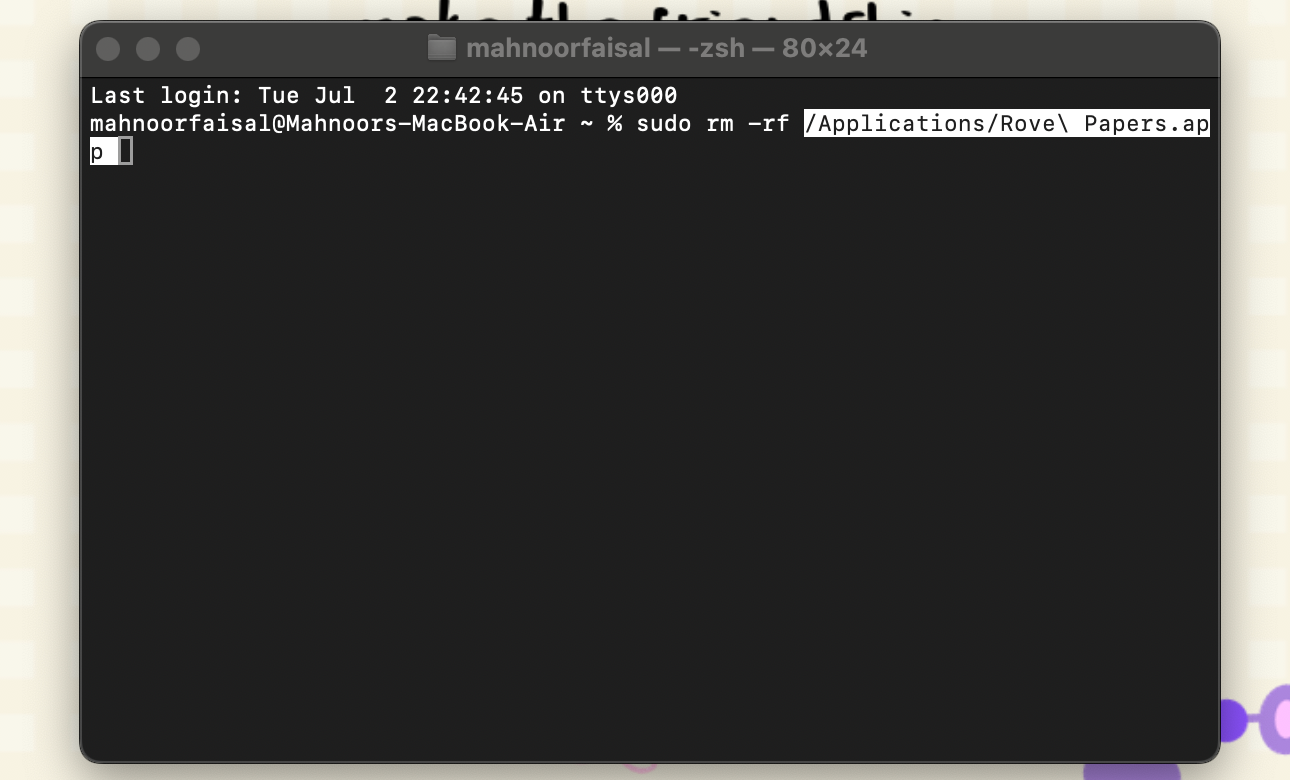 حذف برنامه Rove Papers از طریق دستورات ترمینال