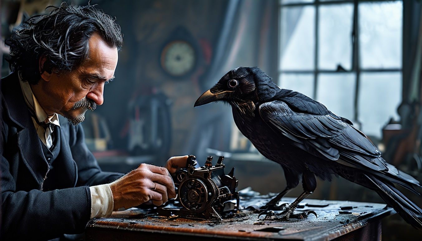 AI generated image of Edgar Allen Poe working on a robotic crow