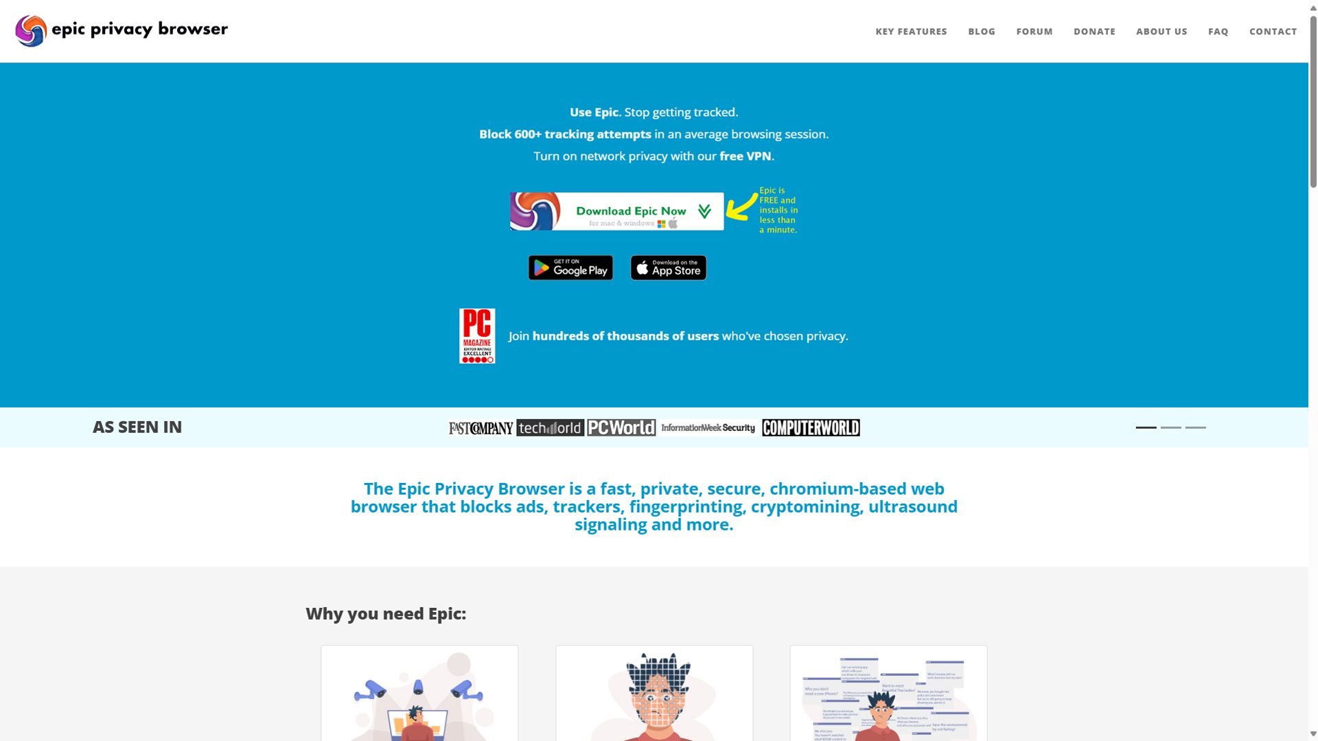 epic privacy browser home page