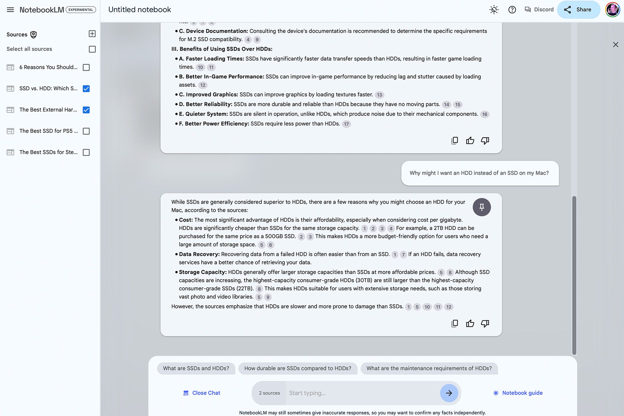 Example exclusion of sources in NotebookLM